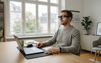 Mann mit AR-Brille am Schreibtisch in einem hellen Homeoffice