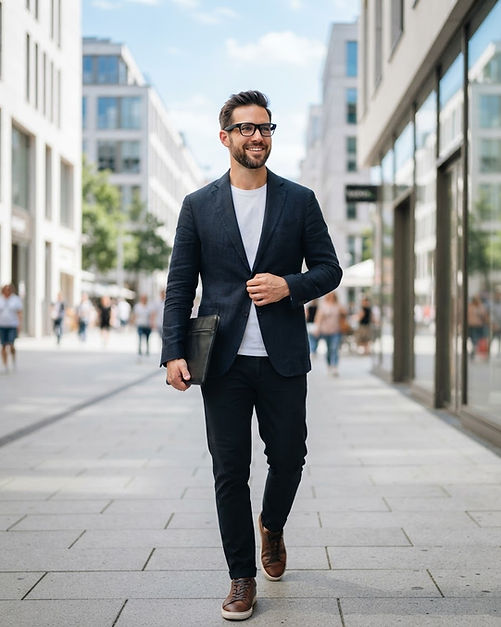 Mann mit AR-Brille in einer hellen Münchner Einkaufsstraße